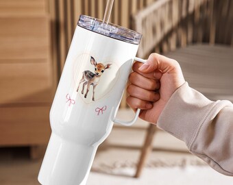 Vaso Coquette Baby Deer con pajita, tapa y asa - Elegante taza de viaje - Bonita taza de viaje - Acero inoxidable - Accesorios para coche Bambi