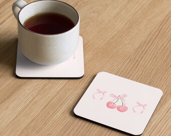 Posavasos de corcho con diseño de cereza rosa - Decoración vintage para el hogar - Posavasos con cinta - Accesorio de cocina con lazo coqueto