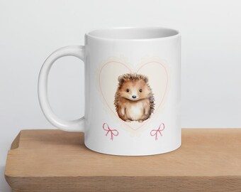 Taza blanca brillante - Erizo Coquette - Taza Cottage Core - Decoración de animales adorables