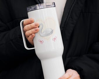 Taza de viaje con pajita y asa White Swan - Balletcore Aesthetic Tumbler con tapa - Vaso de acero inoxidable White Swan - Coquette Travel