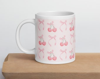 Taza de cerámica con cereza rosa - Taza con lazo - Artículos elegantes y femeninos - Decoración vintage con estilo coqueto - Diseño de lazo