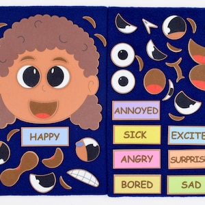 Actividad de emociones para niña - Conjunto de fieltro / Libro tranquilo / Juego de jardín de infantes / Educación en el hogar / Juguete de aprendizaje para niños pequeños / Juego de tablero de fieltro / Juguete Montessori