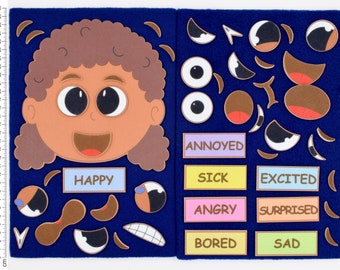 May include: A felt board with a brown-skinned girl's face with a happy expression. The board includes various facial features and emotions, such as happy, annoyed, sick, excited, angry, surprised, bored, and sad.