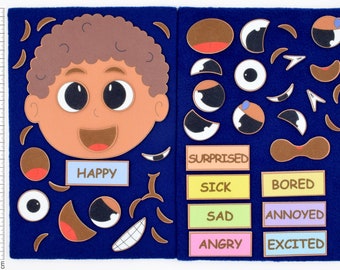 May include: A felt board with a brown-skinned boy's face and various facial features, including eyes, mouths, eyebrows, and noses. The board also includes labels for different emotions: surprised, sick, bored, sad, annoyed, angry, and excited.