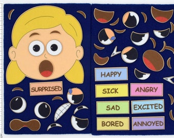May include: A felt board with a girl's face and various facial expressions. The expressions include happy, sick, angry, sad, excited, bored, and annoyed. The board is blue and the pieces are colorful.