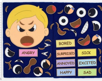 May include: A felt emotion board with a boy's face and interchangeable facial features. Includes eyes, mouths, and eyebrows to create different expressions. The board has labels that read: ANGRY, BORED, SURPRISED, SICK, ANNOYED, EXCITED, HAPPY, and SAD.