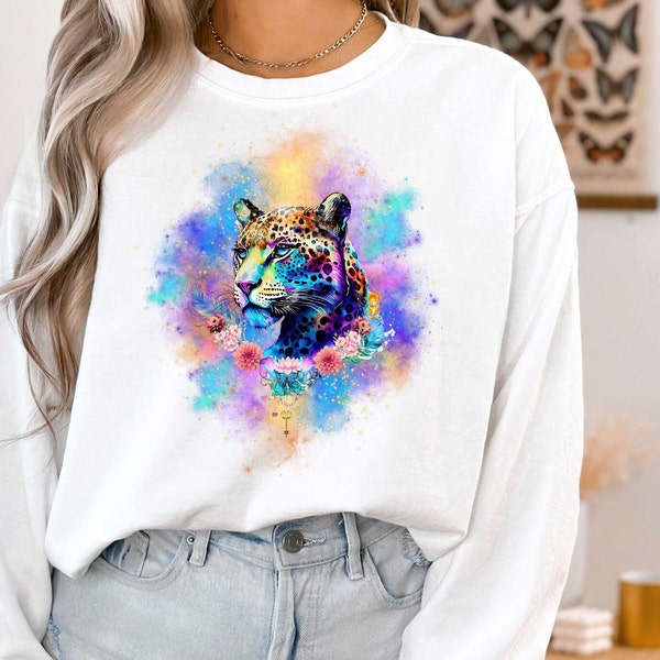 Be Wild! Woman Sweatshirt with colorful leopard print, comfortable & special! OEKO-TEX, power animal, mystic witchy yoga wear, Garment-Dyed