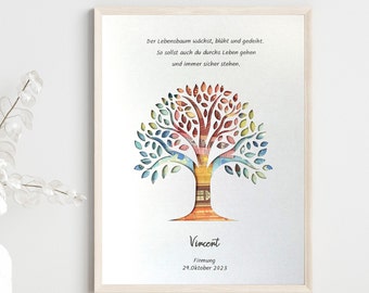 May include: A colorful paper cut-out tree with the text "Der Lebensbaum wächst, blüht und gedeiht. So sollst auch du durchs Leben gehen und immer sicher stehen."  The text "Vincent, Firmung, 29.Oktober 2023" is below the tree.