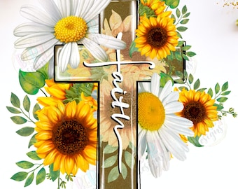 Floral Cross Clipart: Daisy Sunflower Faith PNG (Digital Download)