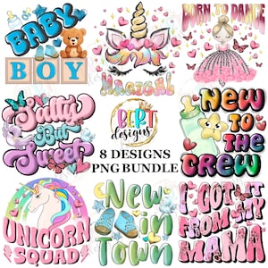 Bundle Png enfants sublimation designs, clipart licorne Bundle Png bébé, sublimation rétro biberon Png, chemise bébé garçon nouveau-né grenouillère Png