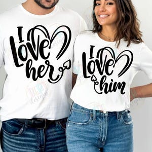Ik hou van hem Svg, ik hou van haar Svg gesneden bestanden voor Cricut, Valentijn bijpassende paar shirts Svg, hem en haar shirts hart pijl Svg, verloofd Svg