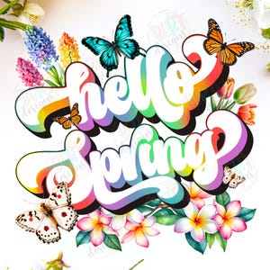 Bonjour printemps Png sublimation dessins, chemise printemps rétro fleurs Clipart Png, chemise florale groovy papillons Png, pastel arc-en-ciel Png