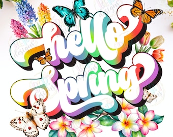 Hello Spring PNG: Retro Floral Butterflies Clipart (Digital Download)