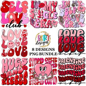 Lot Saint-Valentin Png, sublimation, polices de caractères rétro, amour de soi, png, câlins et bisous png, lot de sublimation, smiley coeur, texte ondulé png