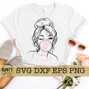 Mode-Illustration Messy Bun svg, schneide Dateien für Cricut Silhouette, Bubble Gum Girl svg, mädchenhaftes Shirt svg, png Sublimationsdesign, Mom Shirt