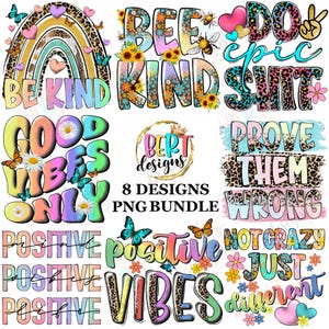 Inspirational Bundle Designs Png, santé mentale Sublimation Bundle, citations positives Png clipart arc-en-ciel, gentillesse Png or imprimé léopard