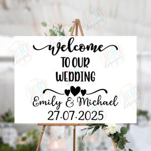 私たちの結婚式へようこそサイン SVG、カスタム名前と日付のウェルカムサイン SVG、結婚式の背景の日付を保存 SVG、イベントサイン結婚式の装飾 SVG