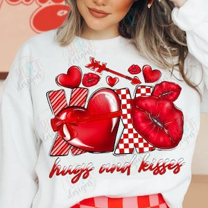 Abbracci e baci Png Design a sublimazione, Maglietta di San Valentino Xoxo Png, Clipart di San Valentino Cuori e labbra Png, Clipart di cuore rosso Cupido Png