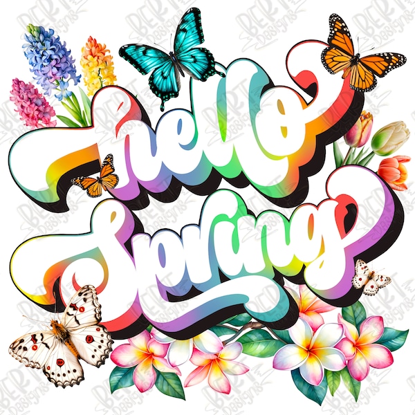 Hello spring png sublimation design retro spring png groovy spring shirt sublimation file rainbow spring floral shirt design flowers clipart