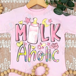 Milk Aholic png-sublimatieontwerpen, babyfles png babymeisjes clipart, grappig meisje shirt baby rompertje ontwerp, baby shower png fles clipart