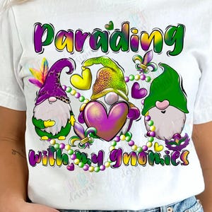 Mardi Gras Gnomes Parade Png Sublimation Designs, Mardi Gras Clipart Louisiane chemise Gnome mignon Png, Clipart drôle de carnaval de Mardi Gras