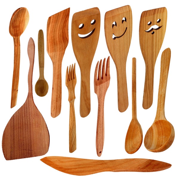 Cherry wood cutlery, wooden spoon, wooden spatula, wooden fork, wooden knife, wooden kitchen utensils