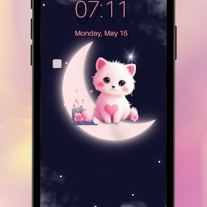 New Kitten on the moon phone wallpaper. Iphone or Android cat wallpaper. Cat phone wallpaper.