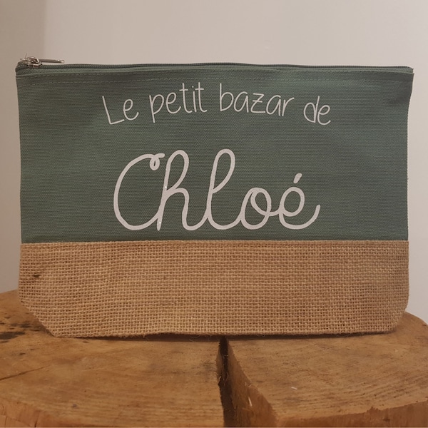 Le petit bazar de + prénom , pochette en coton et jute personnalisée