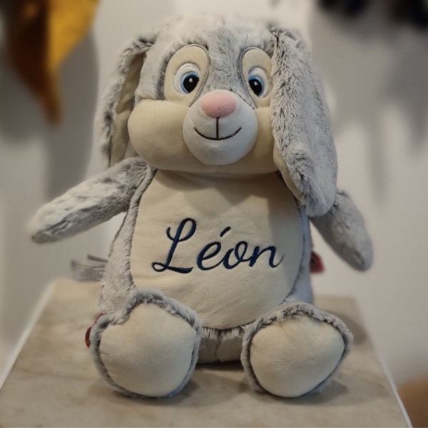 Peluche brodée "Lapin gris" avec le prénom de l'enfant / date de naissance - cadeau de naissance- peluche pour enfant - peluche de noël