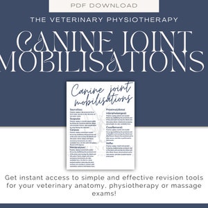 Puede incluir: Un gráfico azul marino con texto blanco que dice "CANINE JOINT MOBILISATIONS" y "PDF DOWNLOAD". Una imagen más pequeña muestra movilizaciones articulares caninas. El texto en la parte inferior dice: "¡Obtenga acceso instantáneo a herramientas de revisión simples y efectivas para sus exámenes de anatomía, fisioterapia o masaje veterinario!"