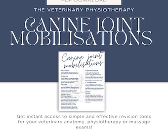 Puede incluir: Un gráfico azul marino con texto blanco que dice "CANINE JOINT MOBILISATIONS" y "PDF DOWNLOAD". Una imagen más pequeña muestra movilizaciones articulares caninas. El texto en la parte inferior dice: "¡Obtenga acceso instantáneo a herramientas de revisión simples y efectivas para sus exámenes de anatomía, fisioterapia o masaje veterinario!"
