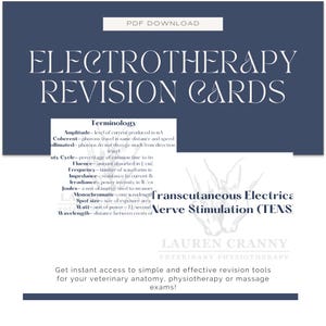 Puede incluir: Cartas de revisión azules y blancas para electroterapia con el título "Cartas de revisión de electroterapia" y el texto "Estimulación nerviosa eléctrica transcutánea (TENS)". Las cartas incluyen una lista de terminología relacionada con la electroterapia.
