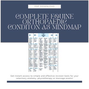May include: A blue and white A3 mind map titled "Complete Equine Orthopaedic Condition A3 Mind Map". The mind map is a visual representation of equine orthopedic conditions, with categories for each body part, such as the head, neck, back, and limbs. The mind map includes information on common conditions, symptoms, and treatments.