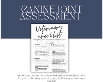 Puede incluir: Una lista de verificación veterinaria en blanco y negro titulada "Veterinary checklist" con el texto "Investigate a joint with special orthopaedic tests canine stifle" y una lista de pruebas de seguridad, PROM y ortopédicas.