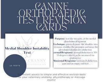 May include: A blue and white printable PDF download for canine orthopaedic test revision cards. The card features a diagram of a shoulder joint and the text "Medial Shoulder Instability Test". The card also includes the text "Purpose: test the integrity of the medial glenohumeral ligament" and "Technique: passively move the shoulder into extension, stabilise the acromion and move the glenohumeral joint into abduction".