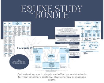 Peut inclure: Un ensemble de ressources d'étude équine en téléchargement numérique bleu et blanc. Le pack comprend 16 ressources différentes, dont un quiz à choix multiples sur les affections neurologiques équines, un diagramme de pro de l'avant-bras et des tests neurologiques canins. Le texte "Equine Study Bundle" est en grandes lettres blanches en gras sur un fond bleu.