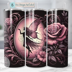 May include: A set of three black insulated tumblers with floral and fairy designs. The tumblers feature pink roses, a fairy silhouette, and the text "15 Free Designs Included". The tumblers have a straw and are decorated with ornate floral patterns.