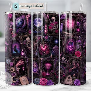 May include: Three cylindrical tumblers with straws, featuring a dark purple and black tarot card collage print. The design includes illustrations of a raven, a skeleton, a moon, a sun, a heart with a sword, a chalice, and roses. Text reads 15 Free Designs Included.