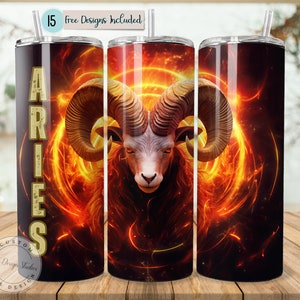 Puede incluir: Un vaso de acero inoxidable con un diseño de cabeza de carnero en un fondo naranja y amarillo fuego. La palabra "ARIES" está impresa en amarillo en el lateral del vaso.