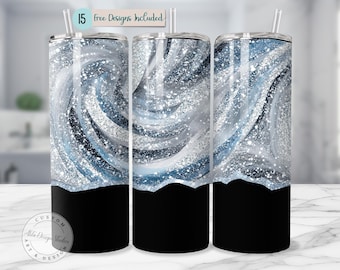 Icy Blue Glitter Swirl Tumbler Wrap Frozen Winter Sparkle 20oz Sublimation PNG Silver Snowflake Frost Texture Background Glitter Edge Design