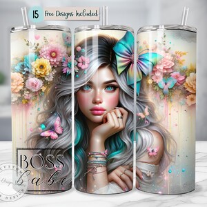 Boss Babe PNG Tumbler Wrap Vibrant Butterfly Floral Sublimation Skin 20oz Skinny Tumblers Digital Download Pastel Art Png Glam Girl Boss