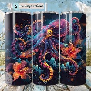 May include: A set of three stainless steel tumblers featuring a colourful octopus and hibiscus flower design. The octopus is a vibrant purple, pink and blue against a black background. The hibiscus flower is a bright orange and red.