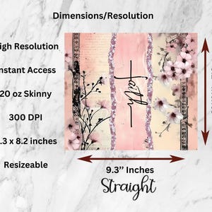 May include: A floral tumbler design with the word "Faith" in black script. The design features pink and cream stripes, floral accents, and measures 23.6 x 20.8 cm. The tumbler is 20 oz skinny and high resolution.