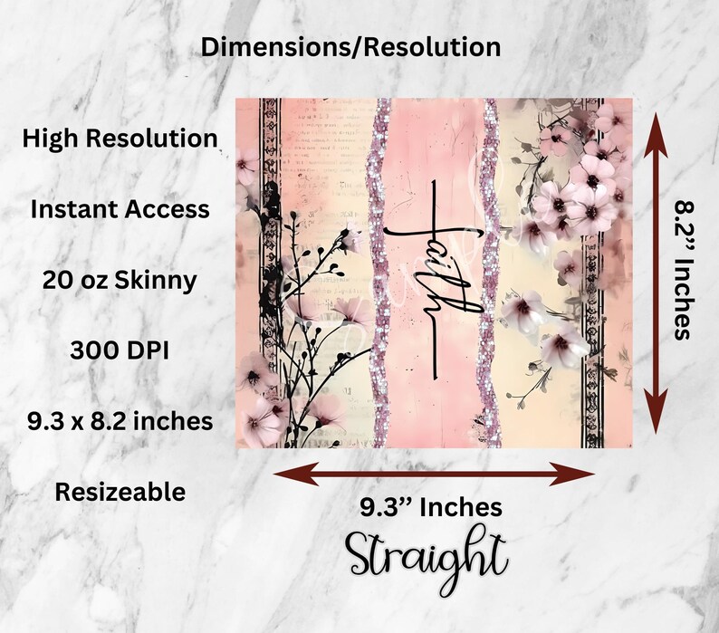 May include: A floral tumbler design with the word "Faith" in black script. The design features pink and cream stripes, floral accents, and measures 23.6 x 20.8 cm. The tumbler is 20 oz skinny and high resolution.