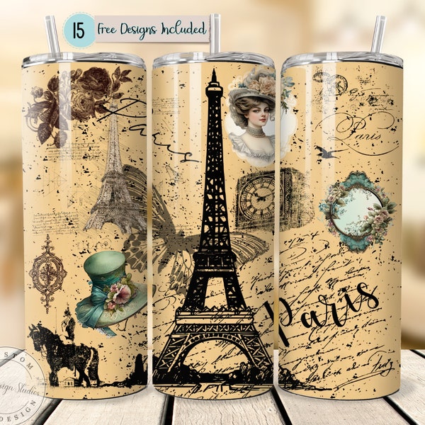 Paris Tumbler Junk Journal Eiffel Tower Victorian Woman Tumbler  20oz Skinny Tumbler Sublimation Design Straight Tapered Design PNG Tumbler