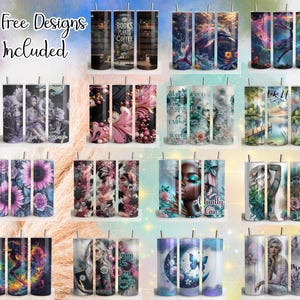 K&ouml;nnte beinhalten: Eine Sammlung von f&uuml;nfzehn Edelstahlbechern mit verschiedenen Designs. Die Designs umfassen Blumenmuster, inspirierende Zitate und k&uuml;nstlerische Illustrationen. Jeder Becher hat einen silbernen Strohhalm und einen Deckel. Der Text "15 Free Designs Included" steht oben.