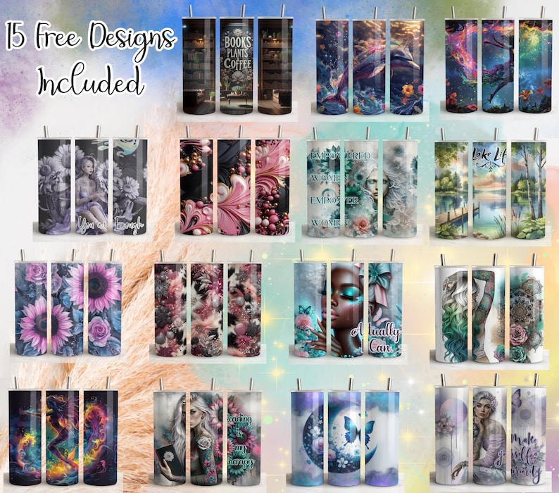 K&ouml;nnte beinhalten: Eine Sammlung von f&uuml;nfzehn Edelstahlbechern mit verschiedenen Designs. Die Designs umfassen Blumenmuster, inspirierende Zitate und k&uuml;nstlerische Illustrationen. Jeder Becher hat einen silbernen Strohhalm und einen Deckel. Der Text "15 Free Designs Included" steht oben.