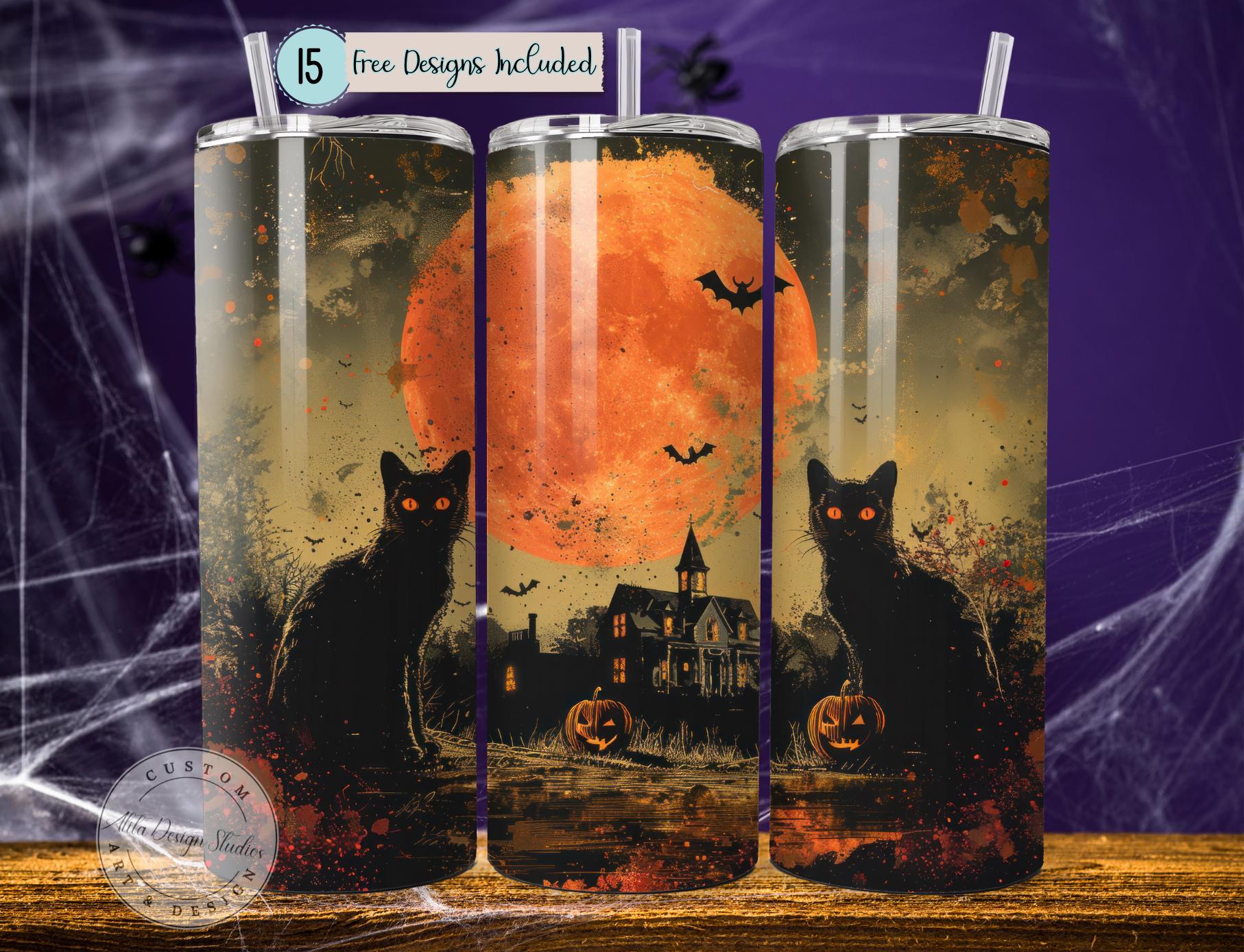 黒猫タンブラー、赤い月のコウモリ、お化け屋敷、不気味なハロウィン