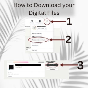 Puede incluir: Una captura de pantalla de una pantalla de ordenador que muestra c&oacute;mo descargar archivos digitales de Etsy. Los pasos est&aacute;n numerados del 1 al 3. El paso 1 muestra c&oacute;mo hacer clic en el bot&oacute;n "T&uacute;". El paso 2 muestra c&oacute;mo hacer clic en la opci&oacute;n "Compras y rese&ntilde;as". El paso 3 muestra c&oacute;mo hacer clic en el bot&oacute;n "Descargar archivos".
