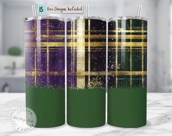 Glitter Plaid Tumbler Wrap Design Purple Green Gold Sparkle Pattern Christmas Wrap Pattern 20oz Skinny Sublimation Design
